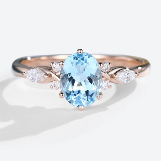 Vintage Oval Lab Aquamarine and Moissanite Split Shank Engagement Ring