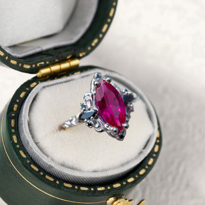 Unique Aurora Three Stone Marquise Lab Ruby and Black Onyx Ring