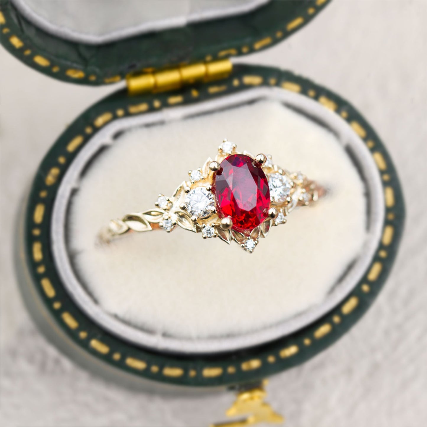 Unique Briar Rose Three Stone Oval Lab Ruby and Moissanite Ring