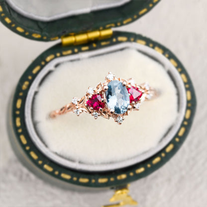 Unique Briar Rose Three Stone Oval Lab Grey Spinel and Ruby Ring