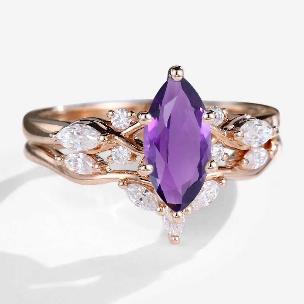 Unique Marquise Amethyst and Moissanite Wedding Ring Set Bridal Ring Set