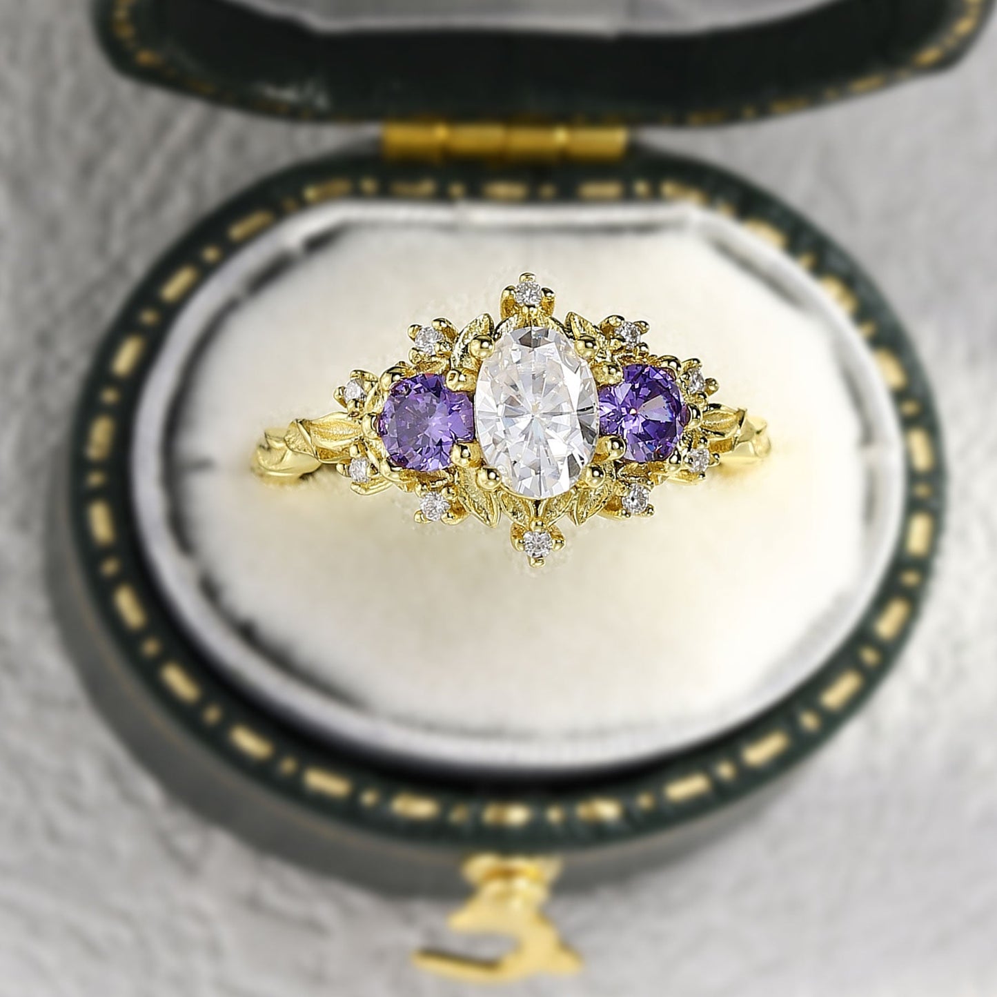 Unique Briar Rose Oval Moissanite and Lab Amethyst Ring