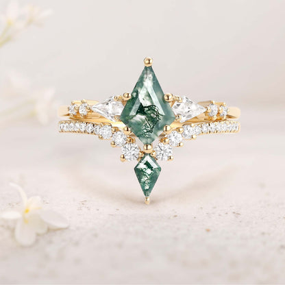 Unique floral engagement rings Twin Flames Kite Moss Agate Wedding Ring Set