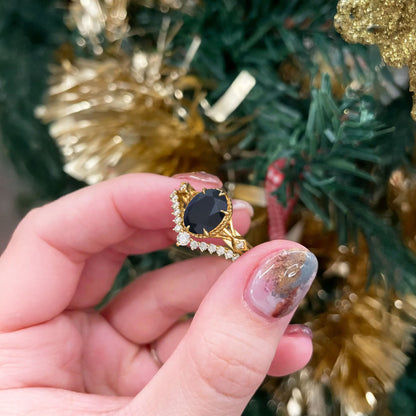 Vintage Oval Black Onyx and Moissanite Bridal Set