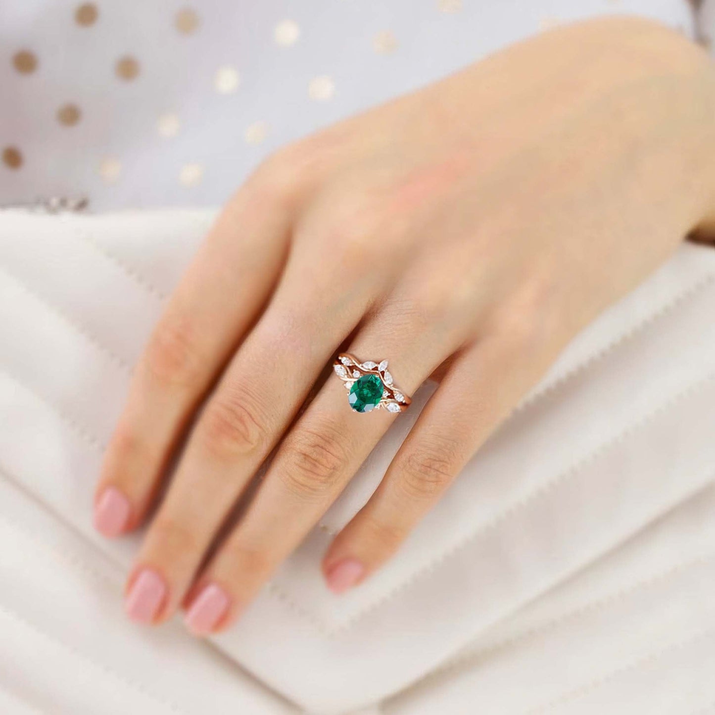 Vintage Oval Lab Emerald and Moissanite Curved Wedding Ring Set Bridal Ring Set