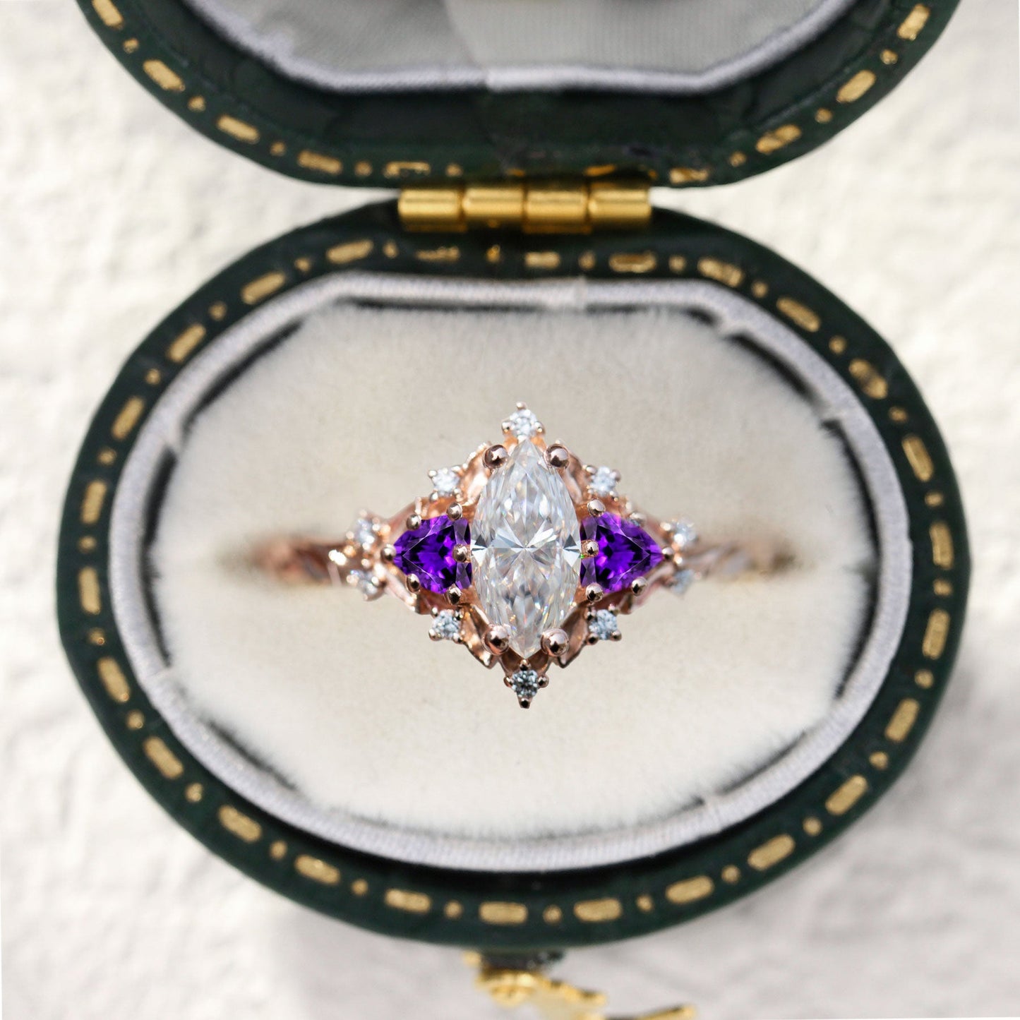 Customize your own Unique Briar Rose Marquise Moissanite and Amethyst Ring