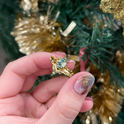 Unique Oval Moss Agate Twig Wedding Ring Set Bridal Ring Set