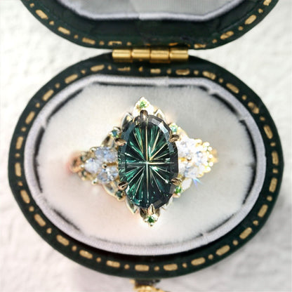 Vintage Starbrite Cut Oval Green Lab Sapphire Engagement Ring