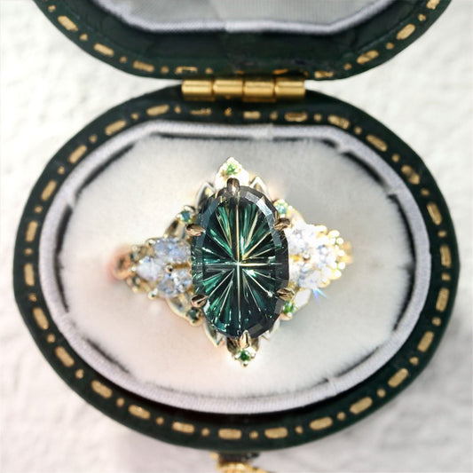 Vintage Starbrite Cut Oval Green Lab Sapphire Engagement Ring