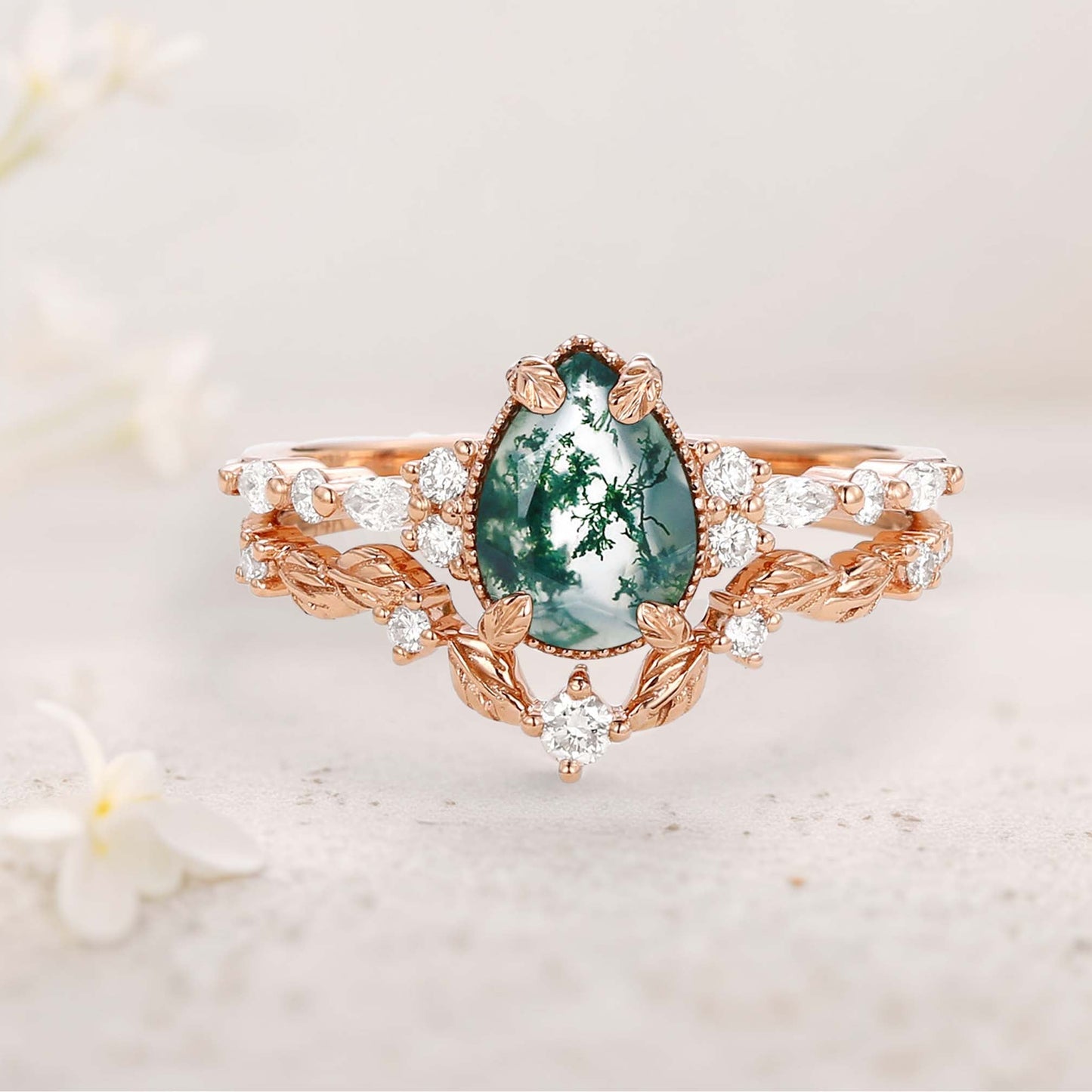 Vintage floral engagement rings Pear Moss Agate Leafy Engagement Ring Set