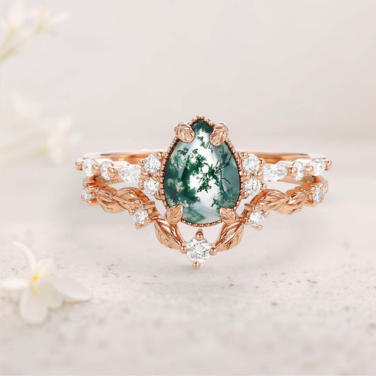 Vintage floral engagement rings Pear Moss Agate Leafy Engagement Ring Set