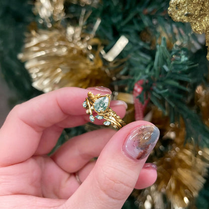 Unique Pear Moss Agate Bridal Ring Set Leaf Ring Set