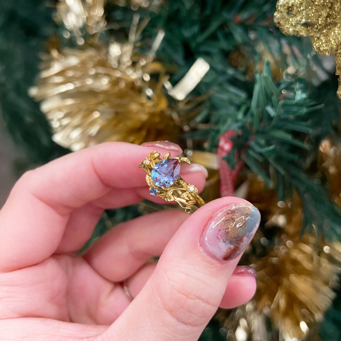 Unique Pear Lab Alexandrite Wedding Ring Set with Leaf Band