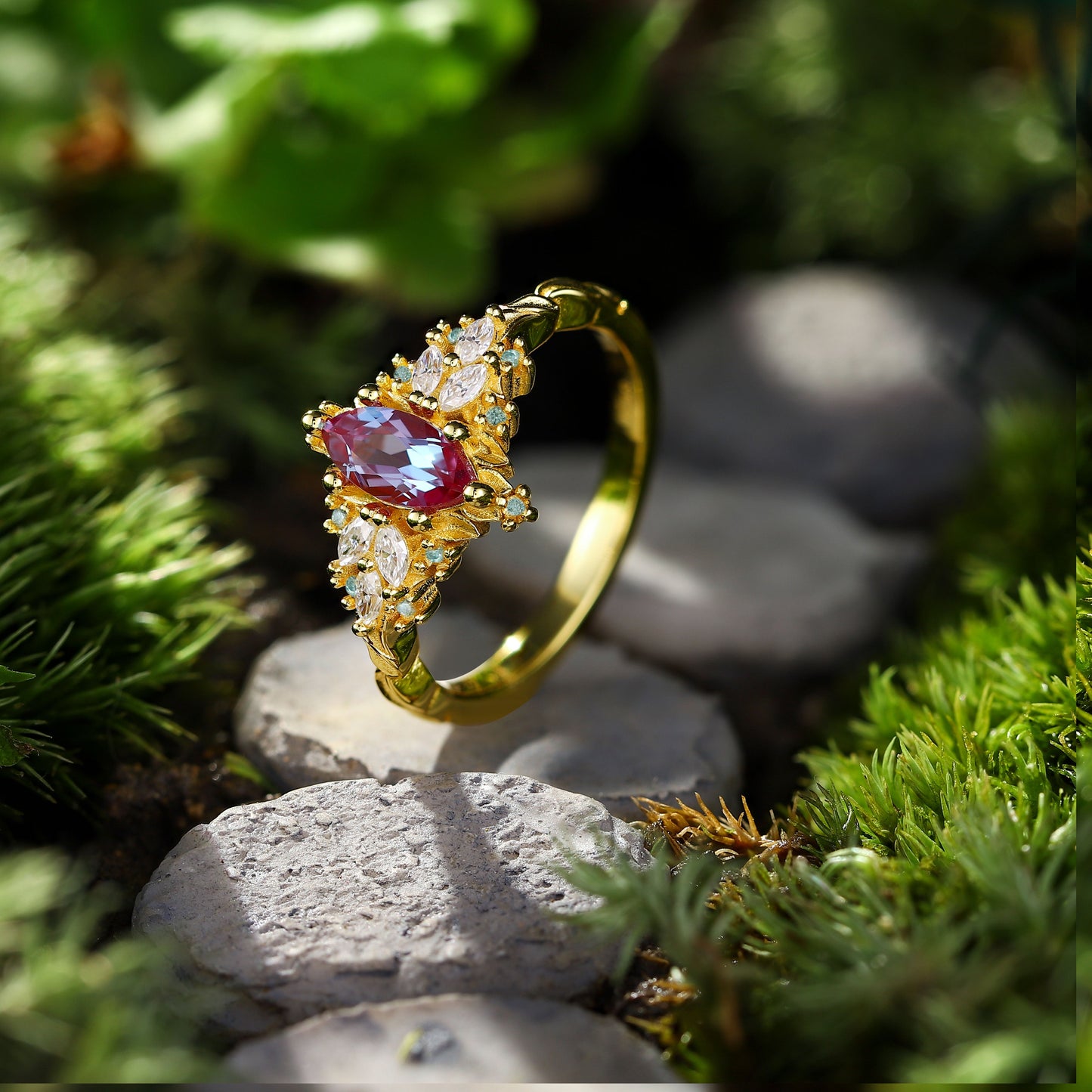 Unique Briar Rose Starlight Marquise Lab Alexandrite Ring