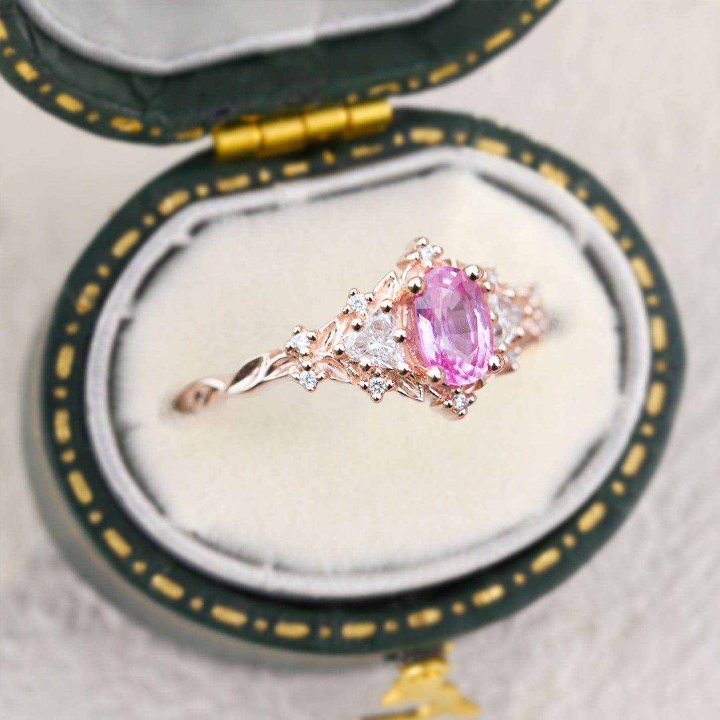Unique Briar Rose Three Stone Oval Pink Lab Padparadscha Ring (Sunrise)