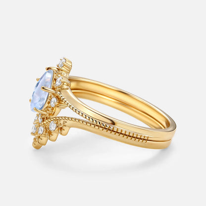Vintage Pear Moonstone and Moissanite Chevron Ring Set Bridal Set
