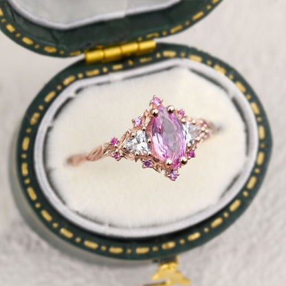 Unique Briar Rose Three Stone Marquise Pink Lab Padparadscha and Moissanite Ring