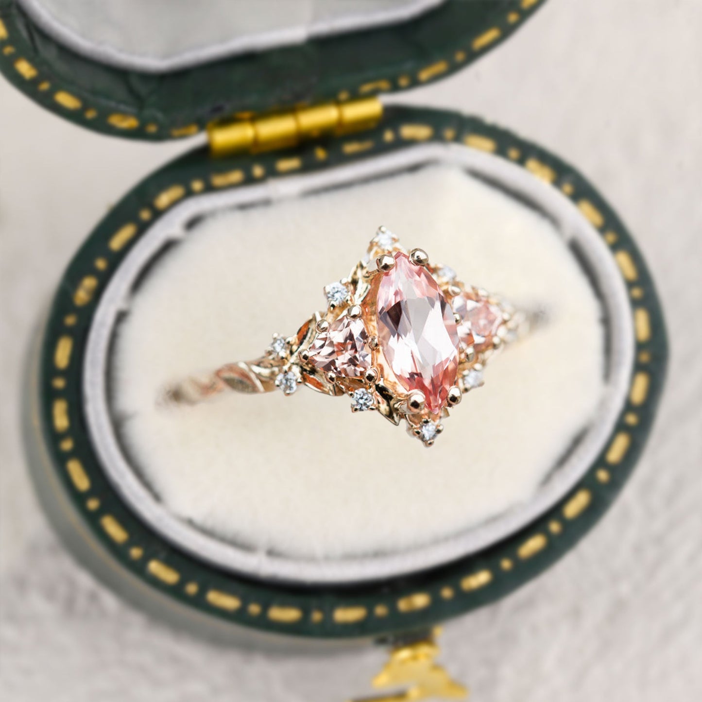 Unique Briar Rose Three Stone Marquise Lab Padparadscha Ring