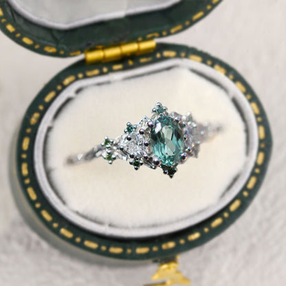 Unique Briar Rose Three Stone Oval Light Green Lab Sapphire Ring