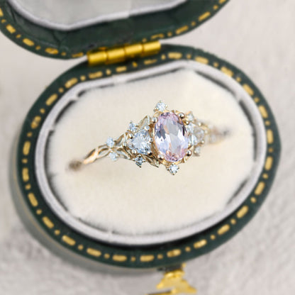 Unique Briar Rose Three Stone Oval lighter Pink Lab Padparadscha Ring