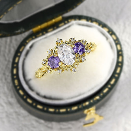 Unique Briar Rose Oval Moissanite and Lab Amethyst Ring
