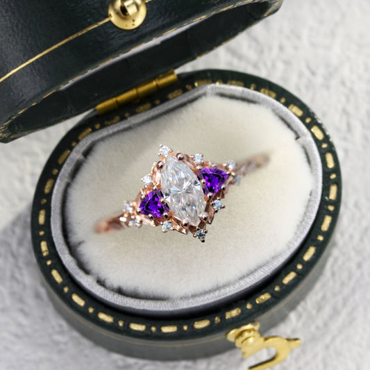 Customize your own Unique Briar Rose Marquise Moissanite and Amethyst Ring