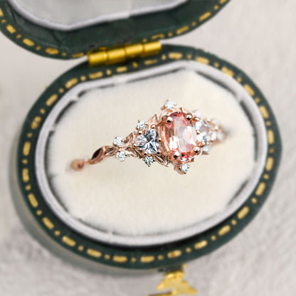 Unique Briar Rose Three Stone Oval Pink Lab Padparadscha Ring