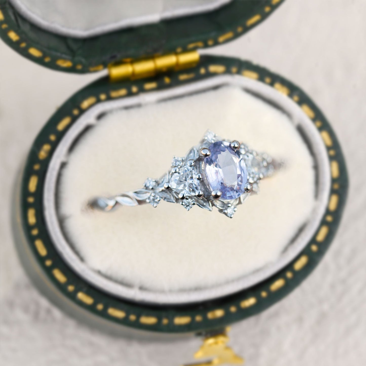 Unique Briar Rose Three Stone Oval Lab Lavender Sapphire Ring