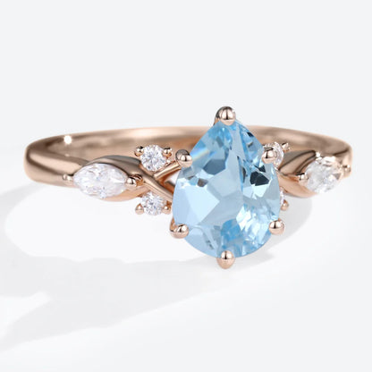 Vintage Pear Lab Aquamarine and Moissanite Split Shank Engagement Ring