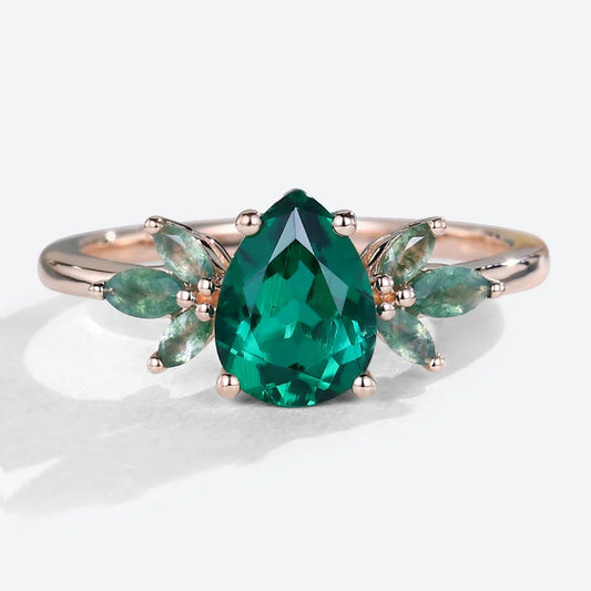 Unique Pear Lab Emerald Ring Petal Moss Agate Side Stones Engagement Ring