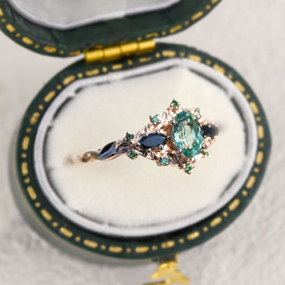 Unique Briar Rose Oval Green Lab Sapphire and Black Onyx Ring