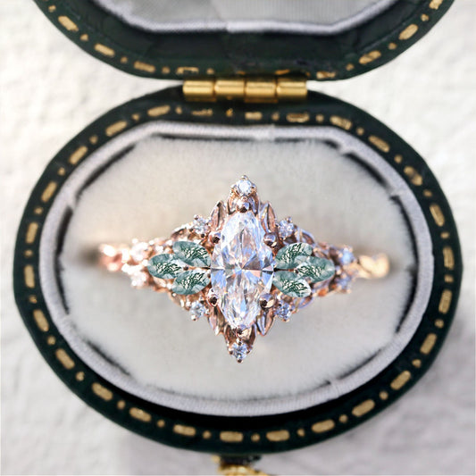 Customize your own Unique Starlight Marquise Moissanite and Moss Agate Ring