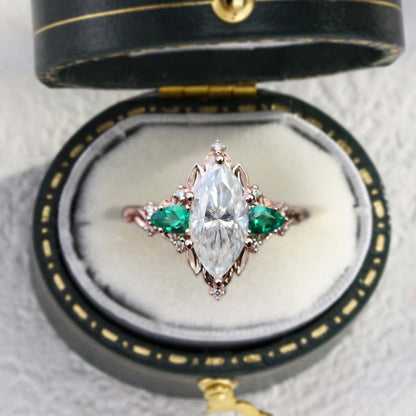 Unique Briar Rose Five Stone Marquise Moissanite and Lab Emerald Ring