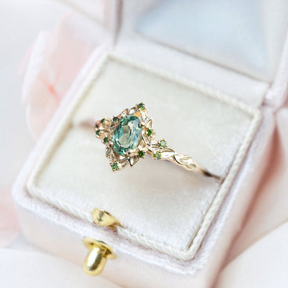 Unique Floral Rose Halo Oval Green Lab Sapphire Ring