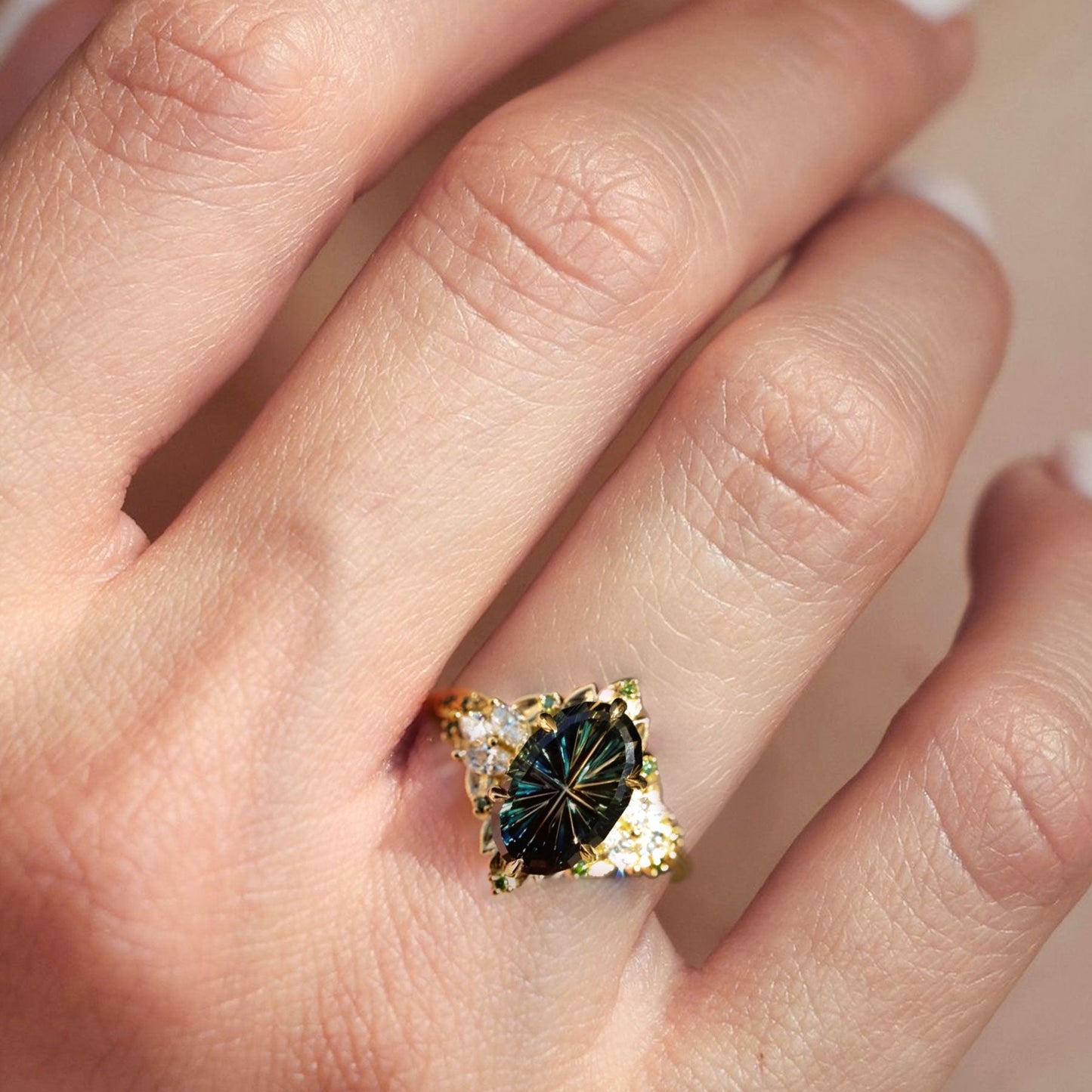 Vintage Starbrite Cut Oval Green Sapphire Engagement Ring