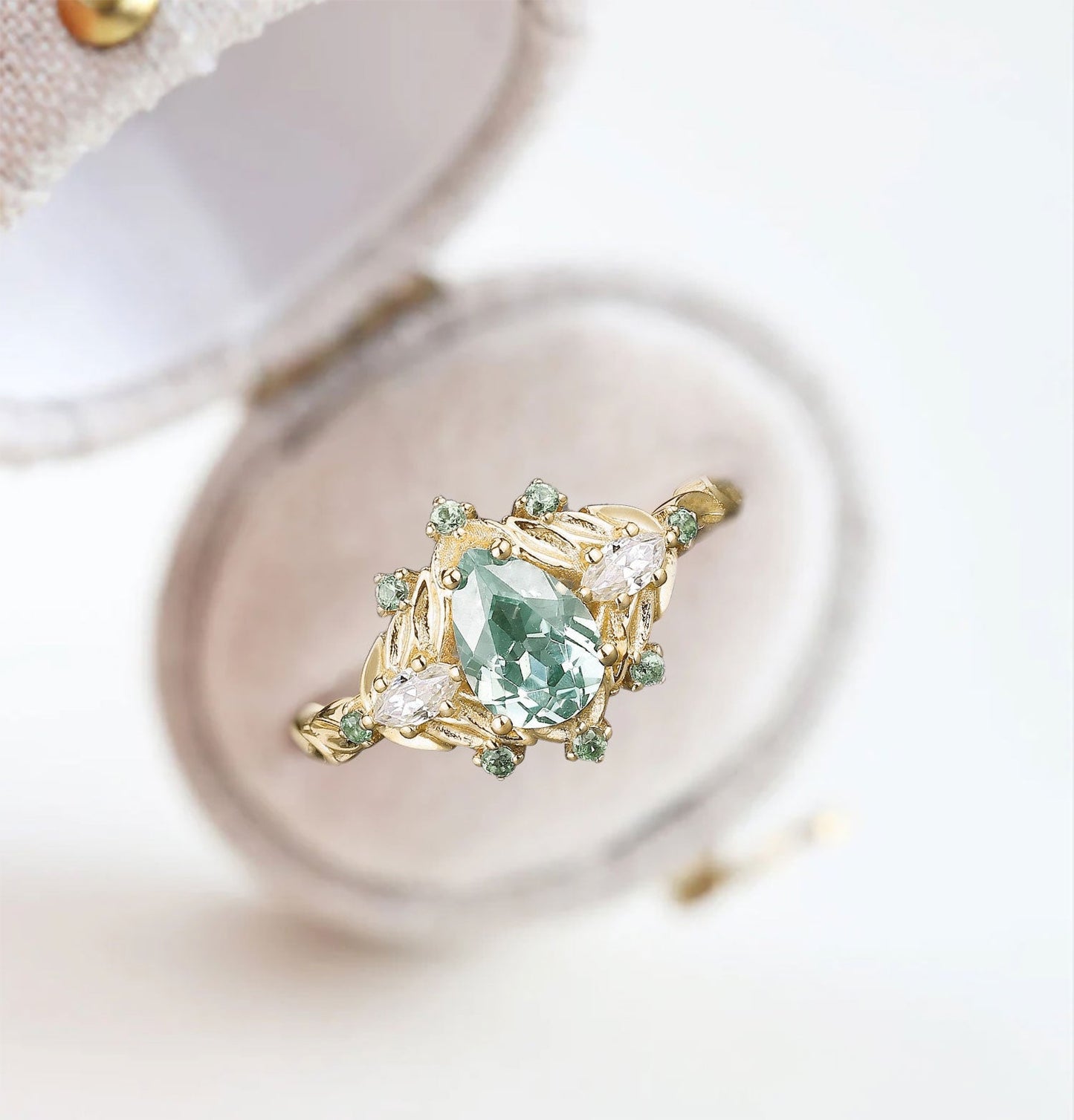 Vintage Pear Green Lab Sapphire Engagement Ring Cluster Bouquet Promise Ring