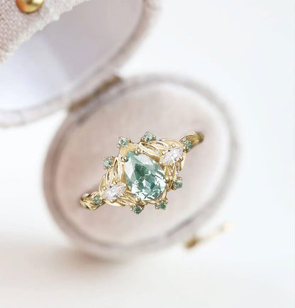 Vintage Pear Green Lab Sapphire Engagement Ring Cluster Bouquet Promise Ring