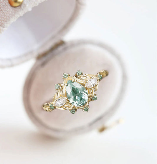 Vintage Pear Green Lab Sapphire Engagement Ring Cluster Bouquet Promise Ring