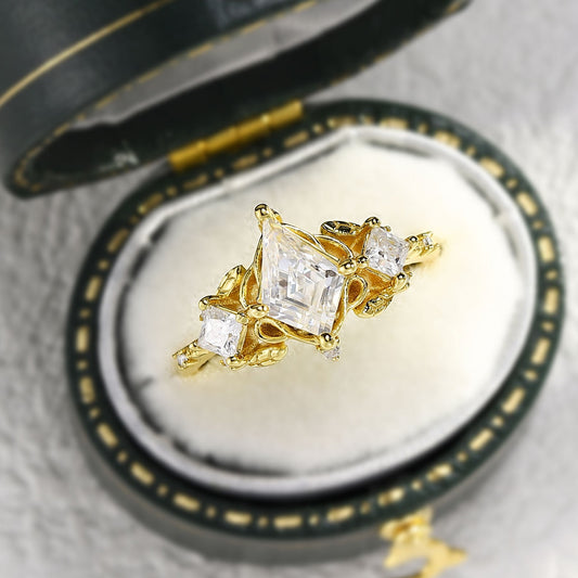 Unique Kite Three Stone Moissanite Leaf Ring