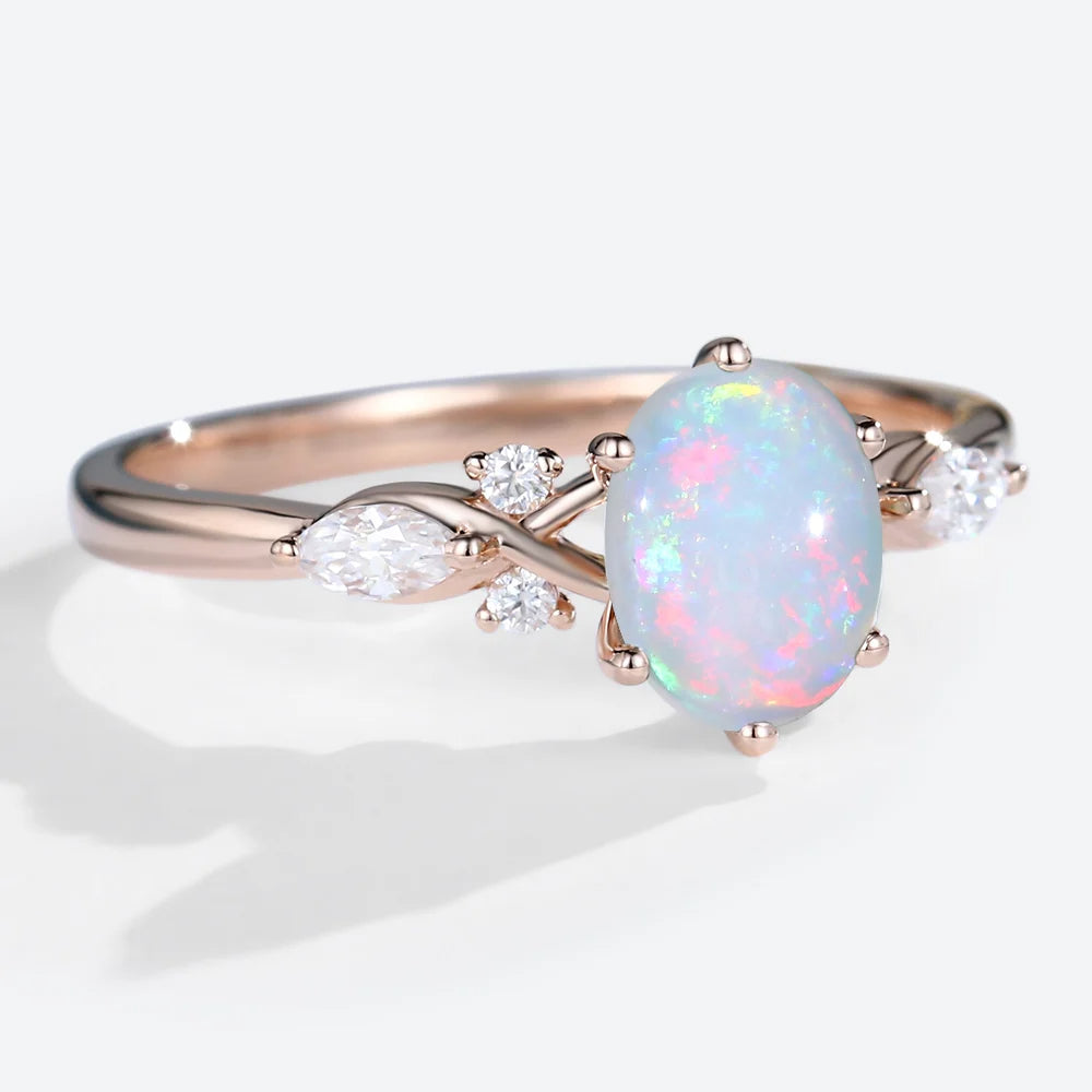 Vintage Oval Opal and Moissanite Engagement Ring