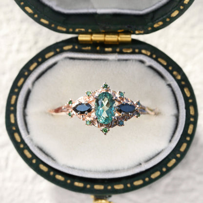 Unique Briar Rose Oval Green Lab Sapphire and Black Onyx Ring