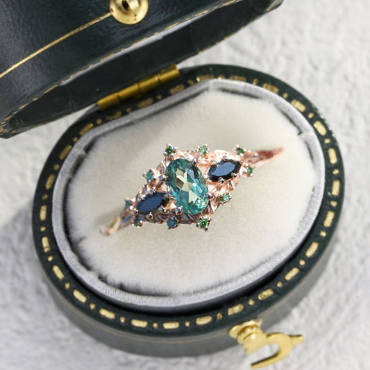 Unique Briar Rose Oval Green Lab Sapphire and Black Onyx Ring
