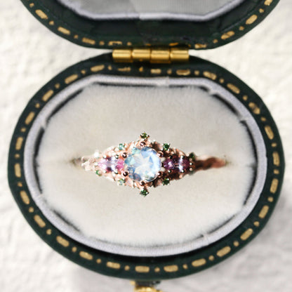 Unique Briar Rose Three Stone Round Lab Moonstone Ring