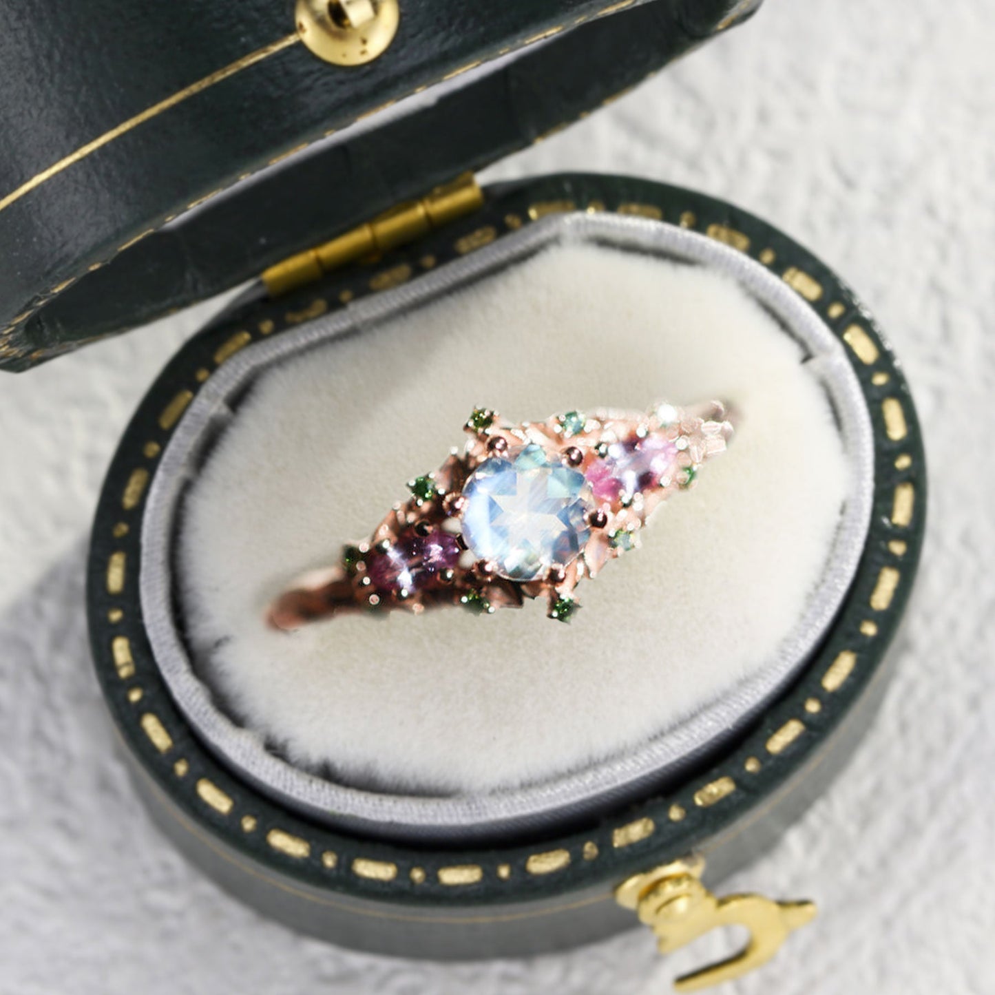 Unique Briar Rose Three Stone Round Lab Moonstone Ring