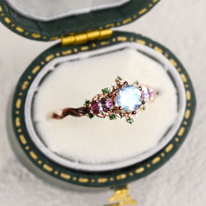 Unique Briar Rose Three Stone Round Lab Moonstone Ring