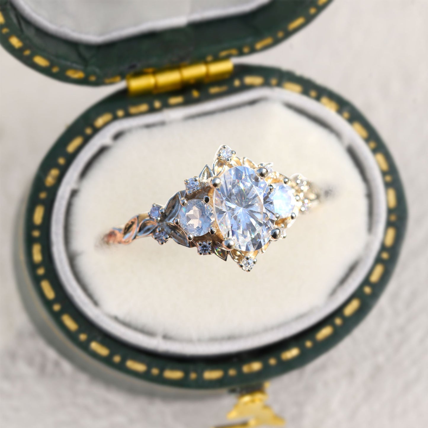 Unique Briar Rose Three Stone Oval Moissanite and Lab Moonstone Ring