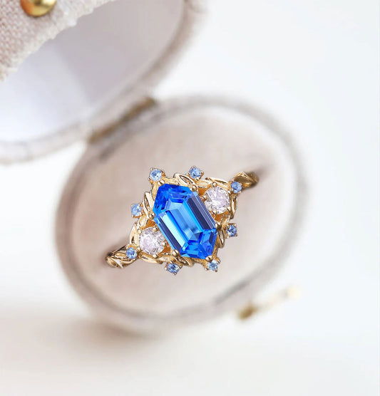 Unique Three Stone Hexagon Lab Sapphire Engagement Ring