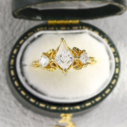 Unique Kite Three Stone Moissanite Leaf Ring