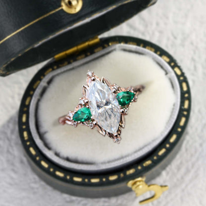 Unique Briar Rose Five Stone Marquise Moissanite and Lab Emerald Ring