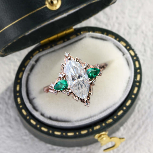 Unique Briar Rose Five Stone Marquise Moissanite and Lab Emerald Ring